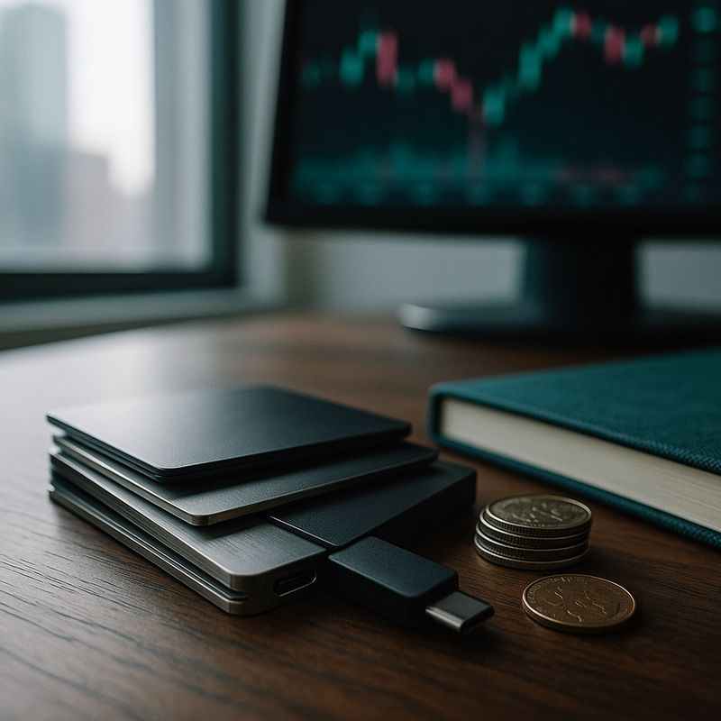 Crypto coins and a phone showing a trading app
